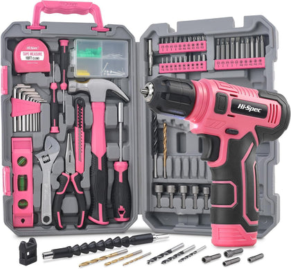 Pink Tool Set with 8V Drill Set. Complete Cordless & Rechargeable USB Electric Drill Driver Kit for Women, Home DIY