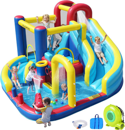 10 in 1 Inflatable Water Slide Bounce House, Inflatable Bounce House with Blower, Dual Slides & Climbing Walls &