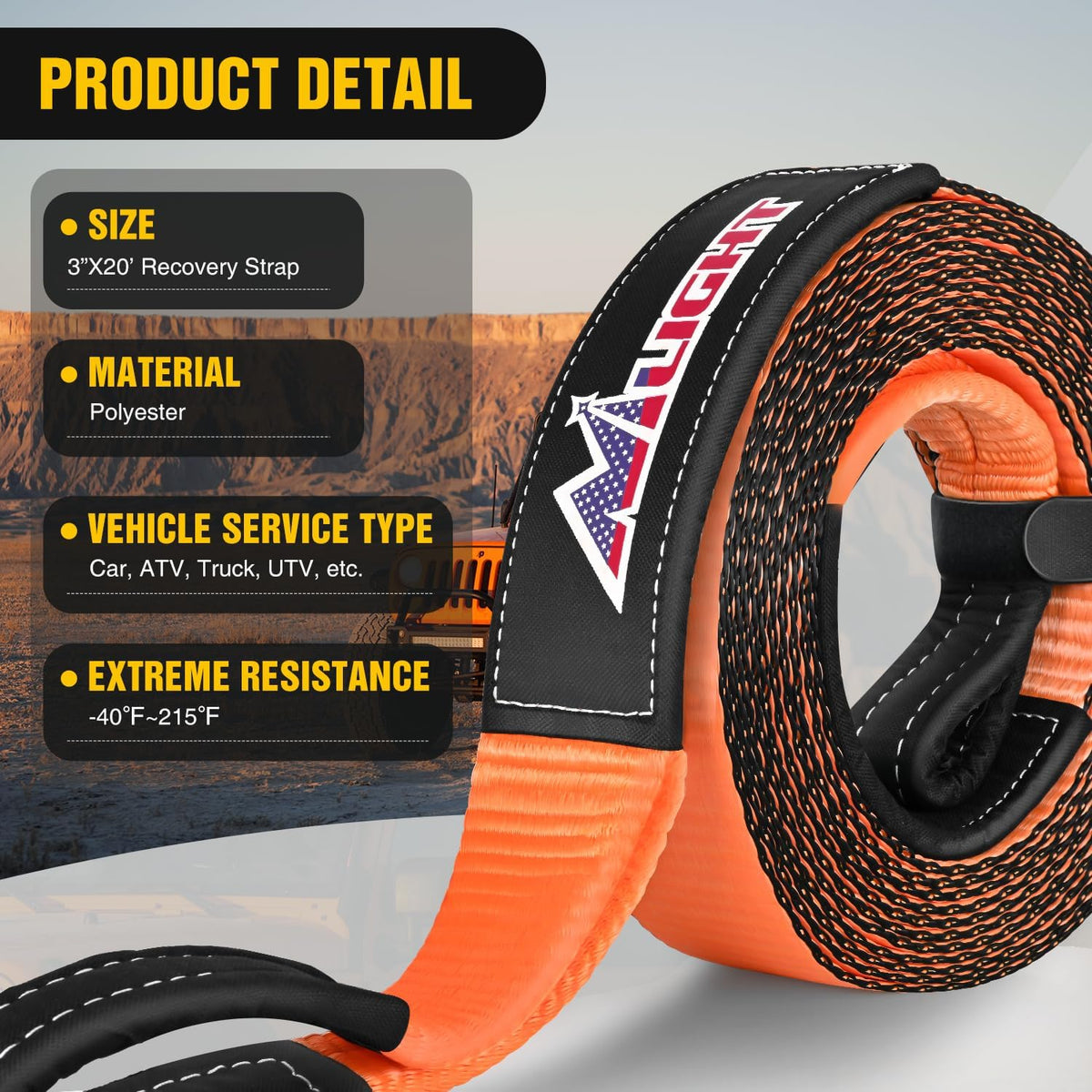 3" x20' Tow Strap Kit 2" Receiver 3/4" Anti-Theft D-Ring Shackles