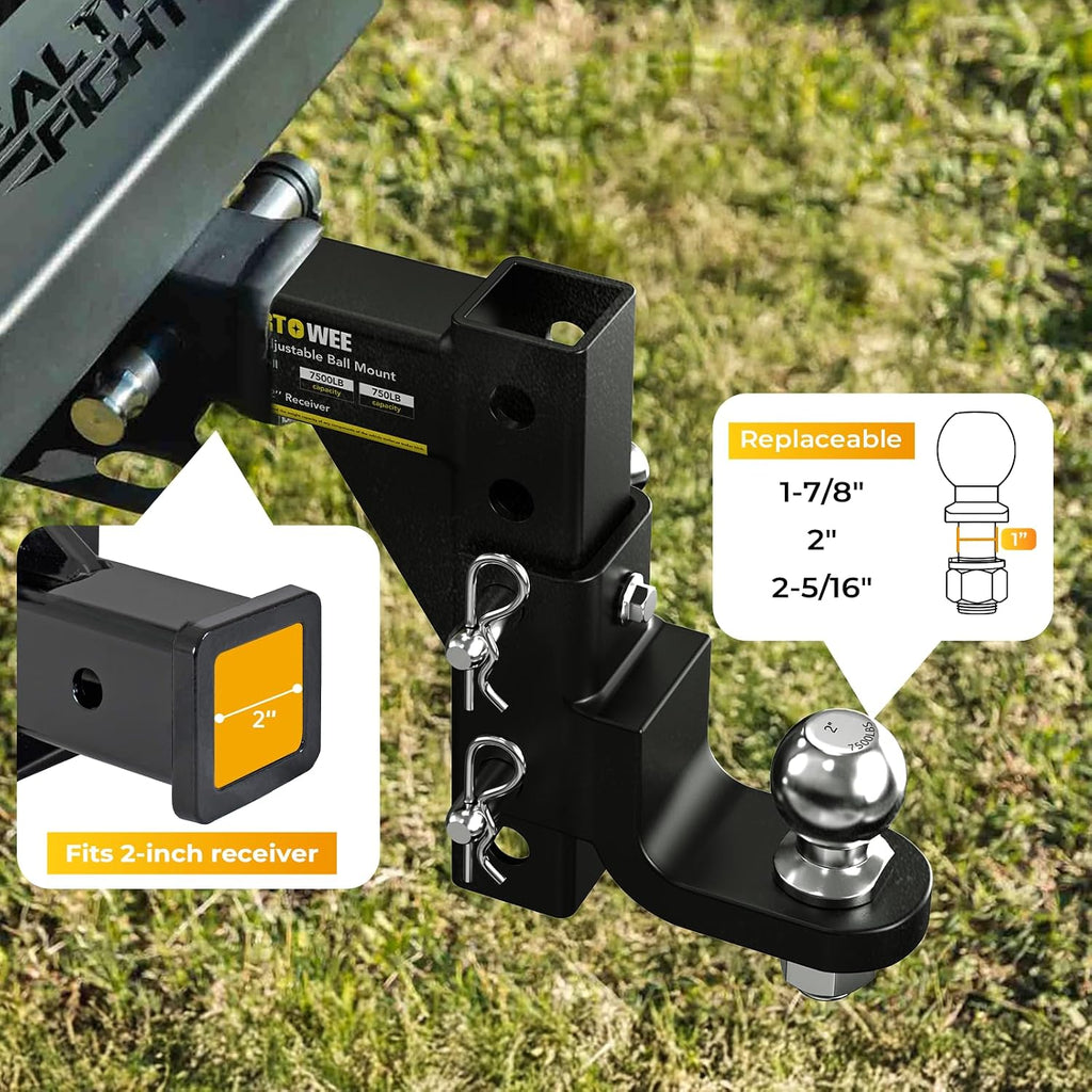 Adjustable Trailer Hitch Ball Mount with 2-Inch Tow Ball, Fits 2in Receiver, Drop Hitch 7500 lbs with Pin Heavy Duty