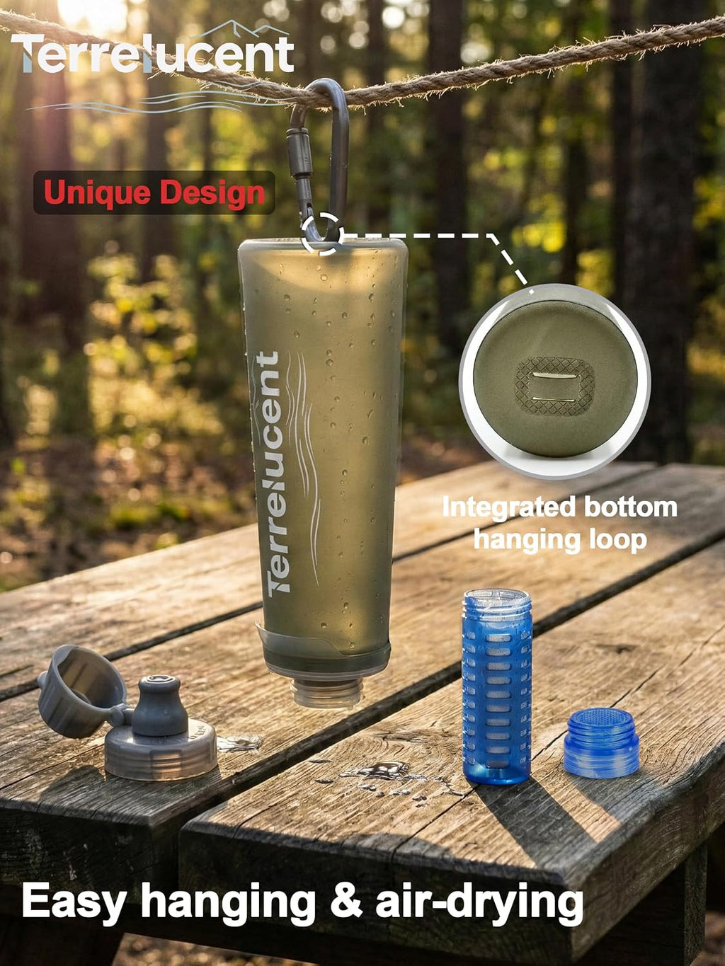 Collapsible Water Filter Bottle with Carabiner, 750ml | Gray, 0.1 μm Hollow Fiber Membrane & Activated Carbon