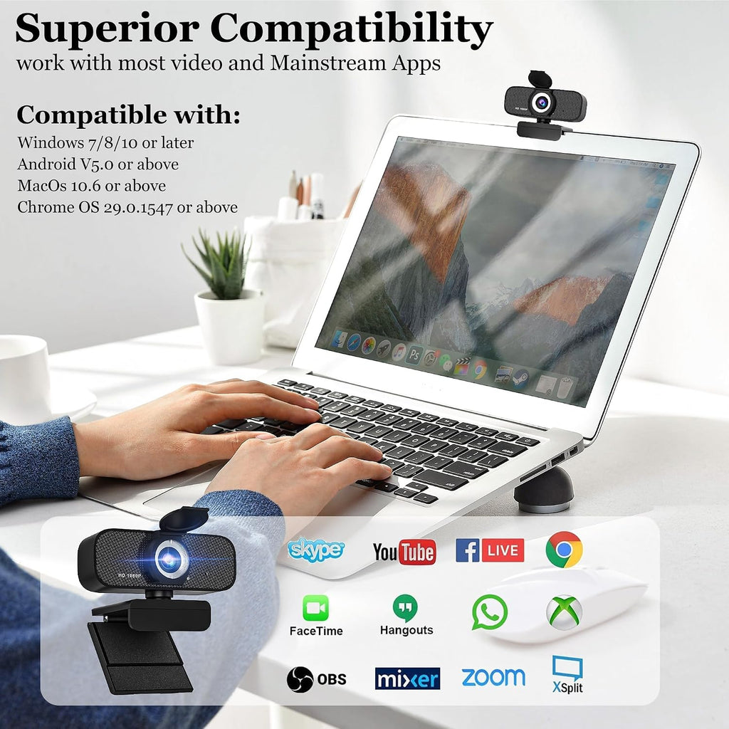 Full HD 1080P Webcam, Black, with Privacy Cover, Noise Cancellation, Auto Focus