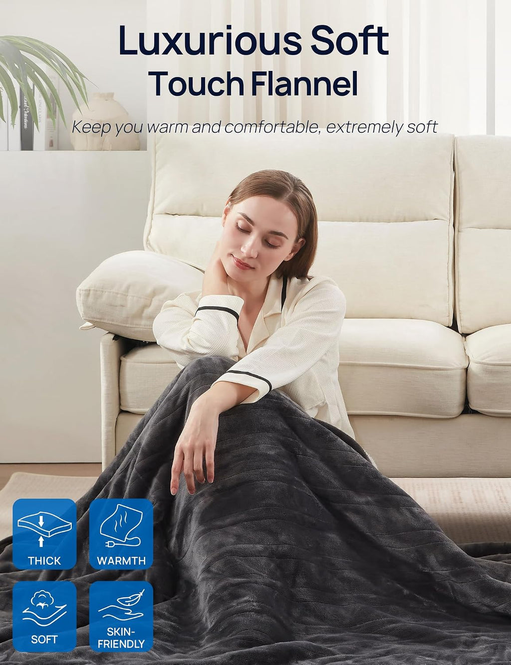 Electric Throw Blanket with Foot Pocket, 50x62 Charcoal | Soft Flannel to Sherpa Heated Throw with 6 Heating Levels &