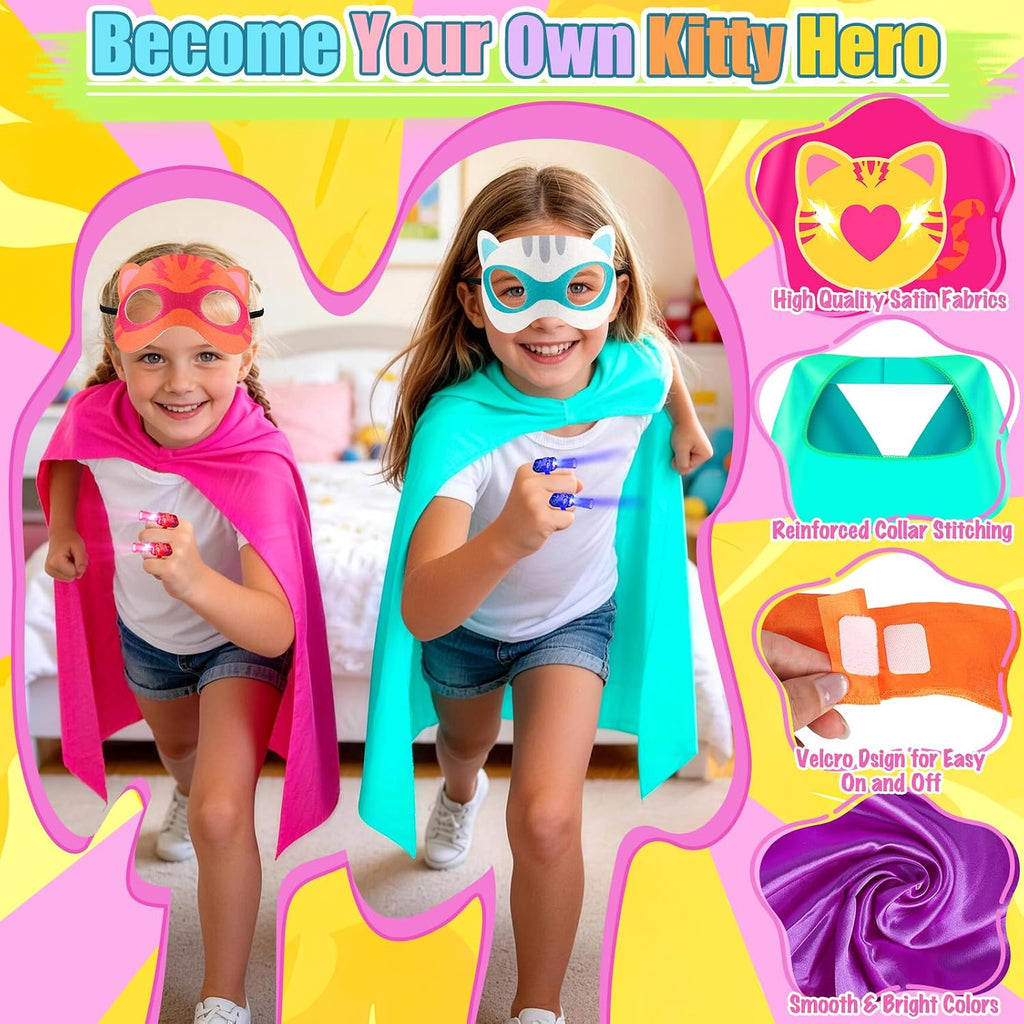 Kitties Capes with Finger Lights, Masks Dress Up for Kids 3-12 | 4 Kitties Capes, 4 Masks, 8 Lights, Superhero Capes
