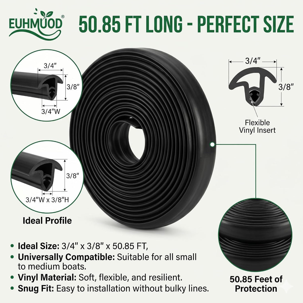50.85ft 3/4 x 3/8 Inch Boat Rub Rail Flexible Vinyl Insert
