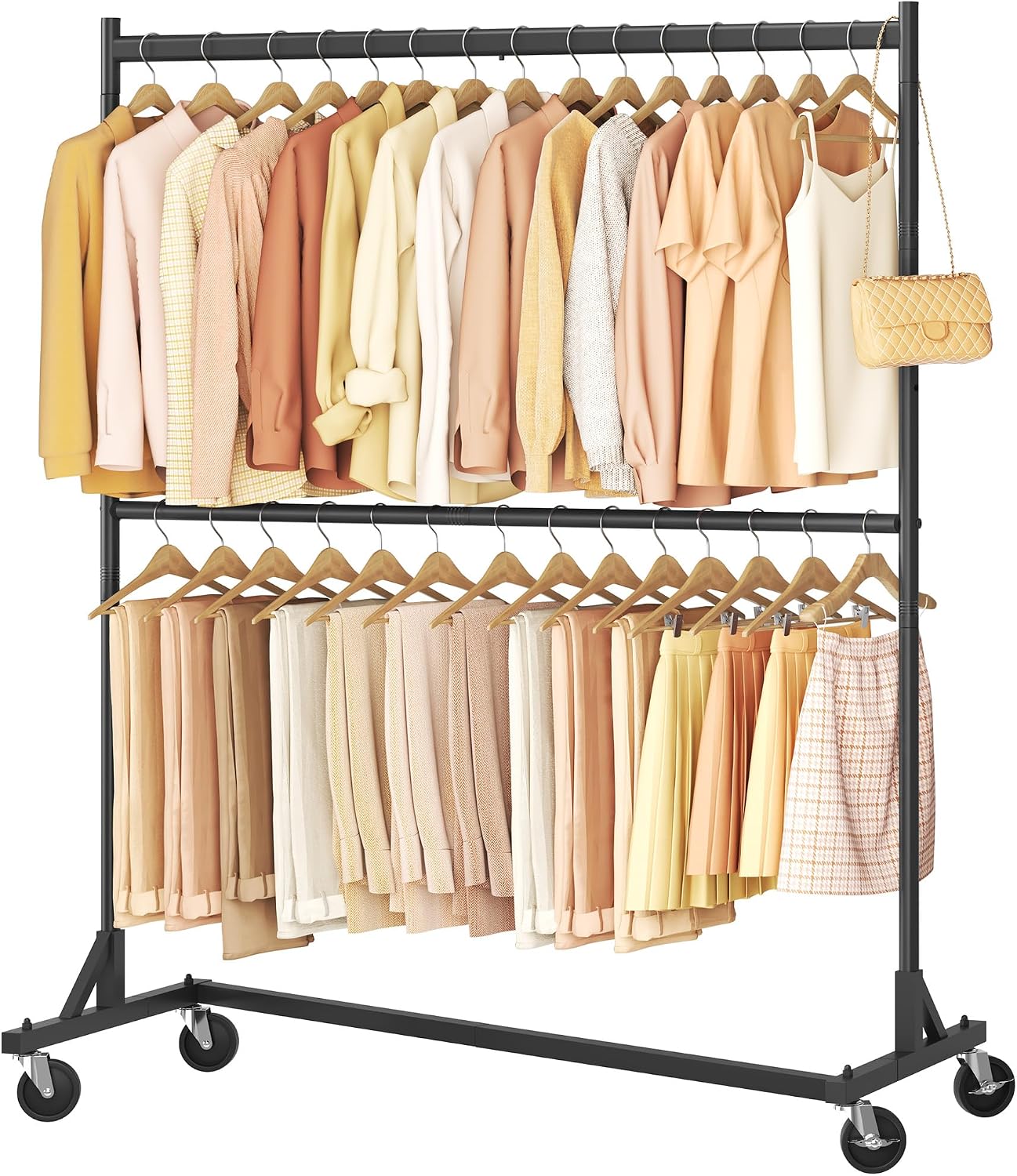 Double Rod Z Rack, Rolling Clothes Racks with Z-Base, Adjustable Clothing Rack, Standing Clothes Rack, Metal Clothing