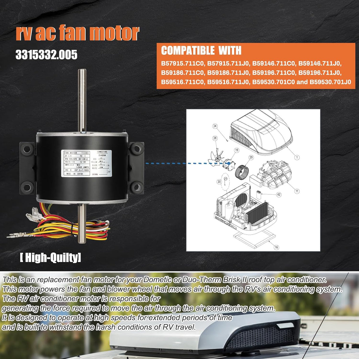 3315332.005 Fan Motor, Replacement genteq F48AF70A61 Fan Motor