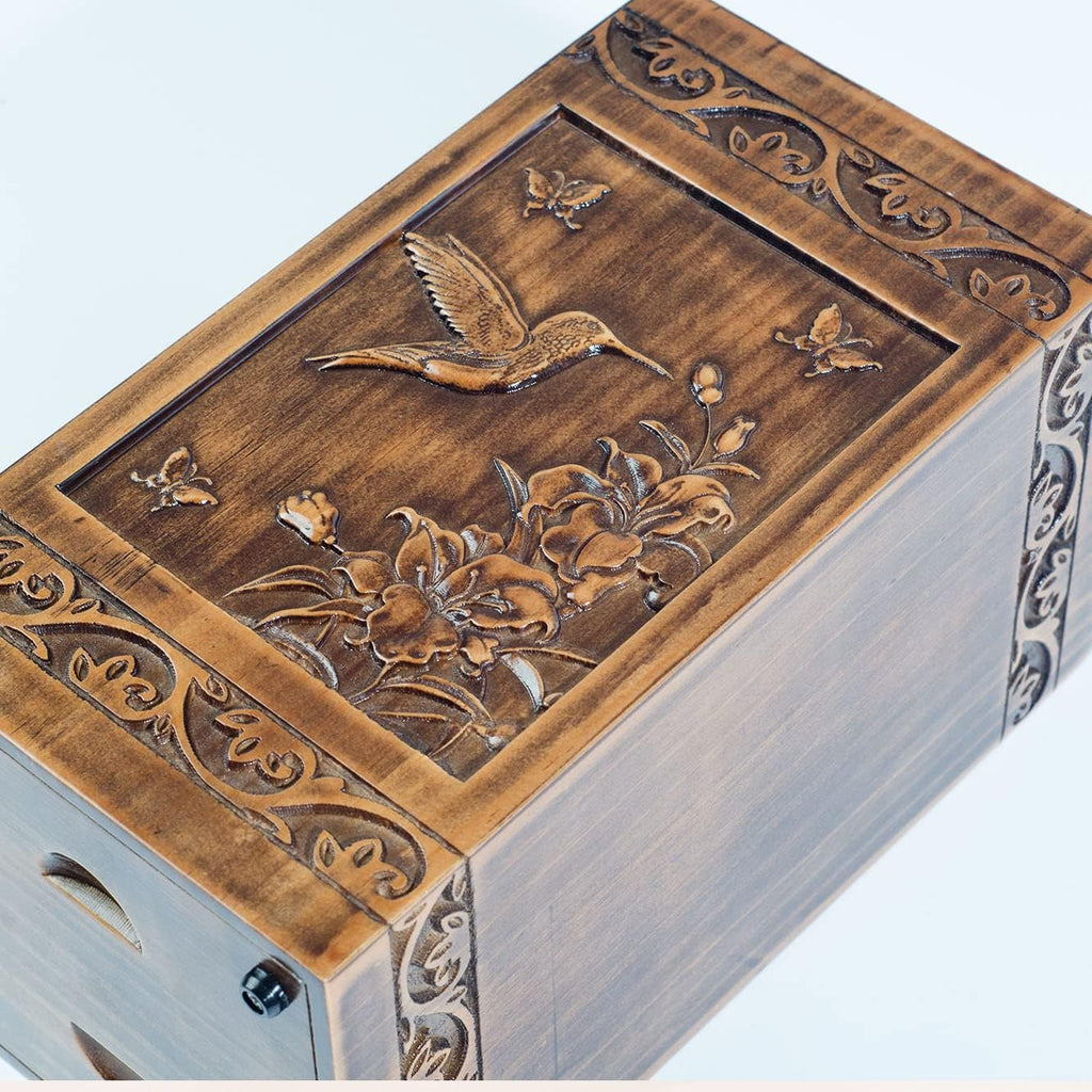 Handmade Wooden Engraved Urn for Human Ashes 250lbs Adult Male Female Satin Bag Hummingbird Cremation urns Box