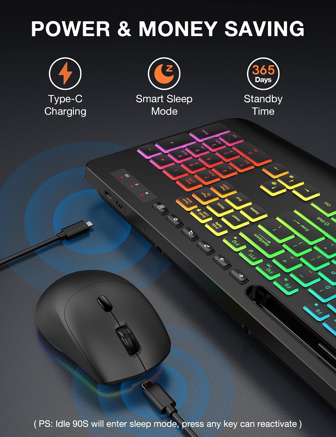 Wireless Keyboard and Mouse Combo - 9 Backlit Effects, 2.4GHz | Ergo Wrist Rest, Phone Holder, Full Size