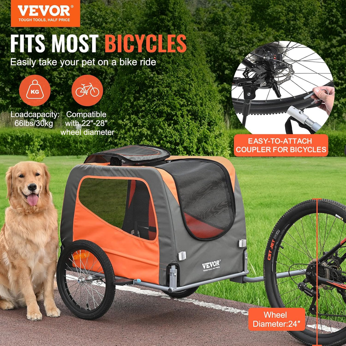 Dog Bike Trailer, Supports up to 66 lbs, Pet Cart Bicycle Carrier