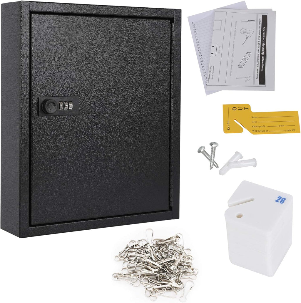 Key Box, Wall Mount 60 Key Cabinet, Combination Lock, Black | Numbered Key Storage Organizer, Secure Lock Box, Key