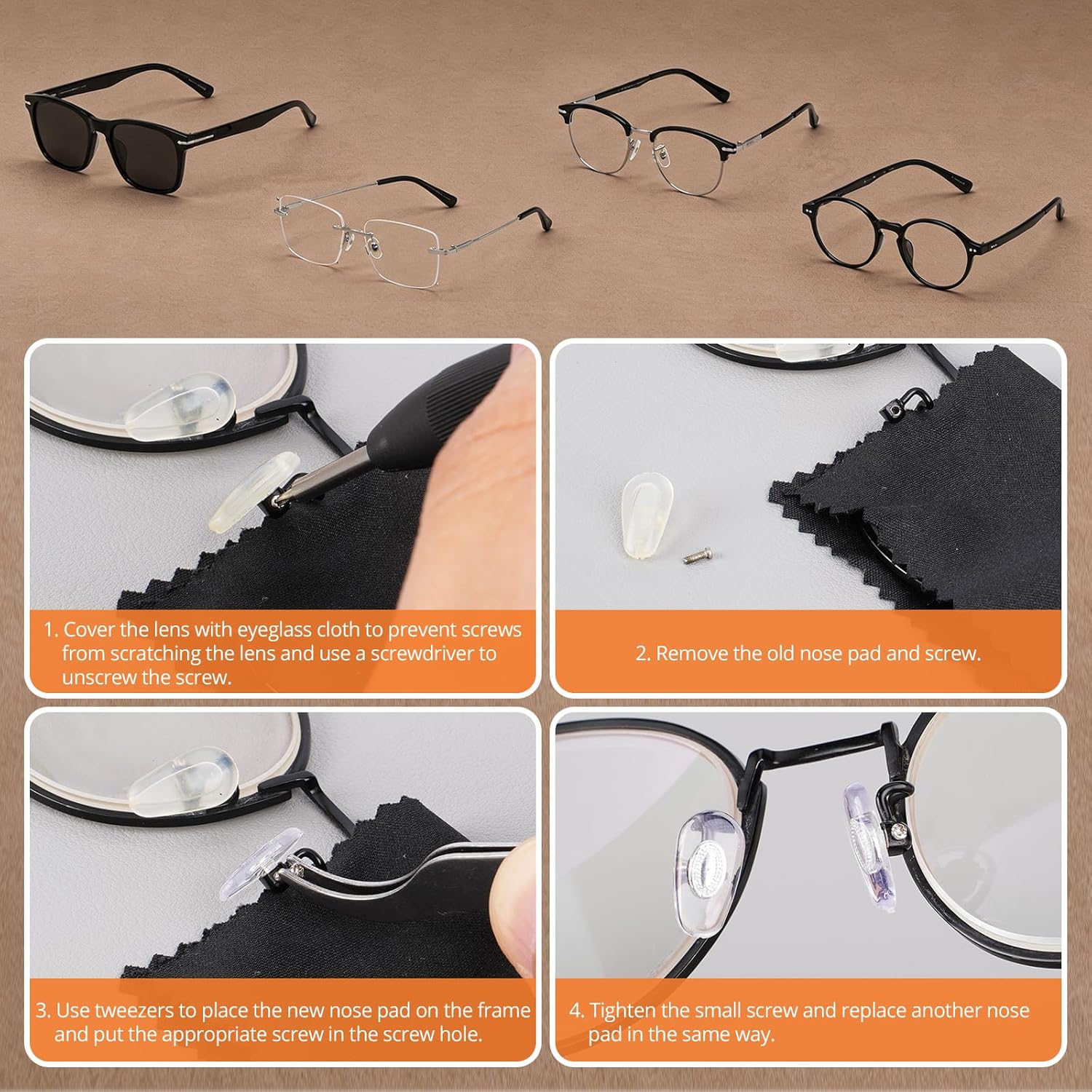 Eyeglass Repair Kit, Sunglasses/Glasses Repairing Tool including Small Screws, Nose Pads and Screwdrivers, Eyeglass