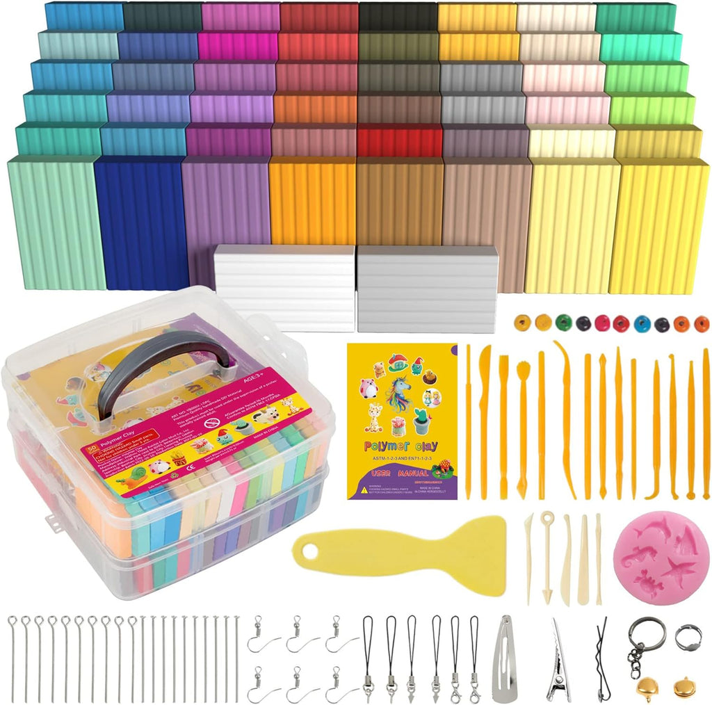 Polymer Clay Kit 50 Colors, Oven Bake Modeling Clay for Kids | DIY Starter Kit, 20 Sculpting Tools & Accessory, Easy
