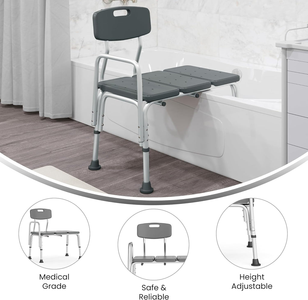 HERCULES Series 300 Lb. Capacity Adjustable Gray Bath & Shower Transfer Bench with Back and Side Arm