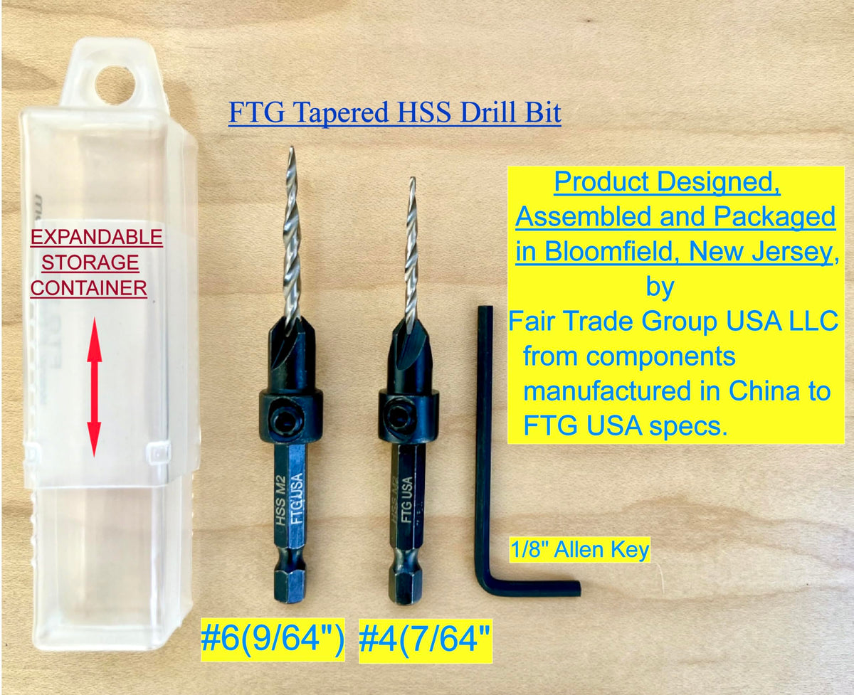 FTG USA #4#6 Tapered Countersink Drill Bit Hex Shank Set with Storage Box