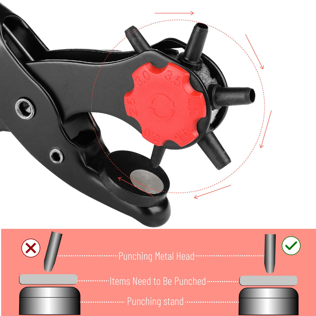 Leather Hole Punch Tool Set, Red Handle, Multi Punch Sizes, Belt Hole Puncher for Leather, Belts, Straps, Pet