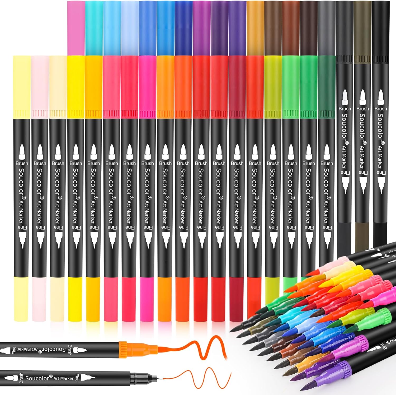 Art Brush Markers Pens for Adult Coloring Books, 36 Colors Numbered Dual Tip (Brush and Fine Point) Marker Pen for