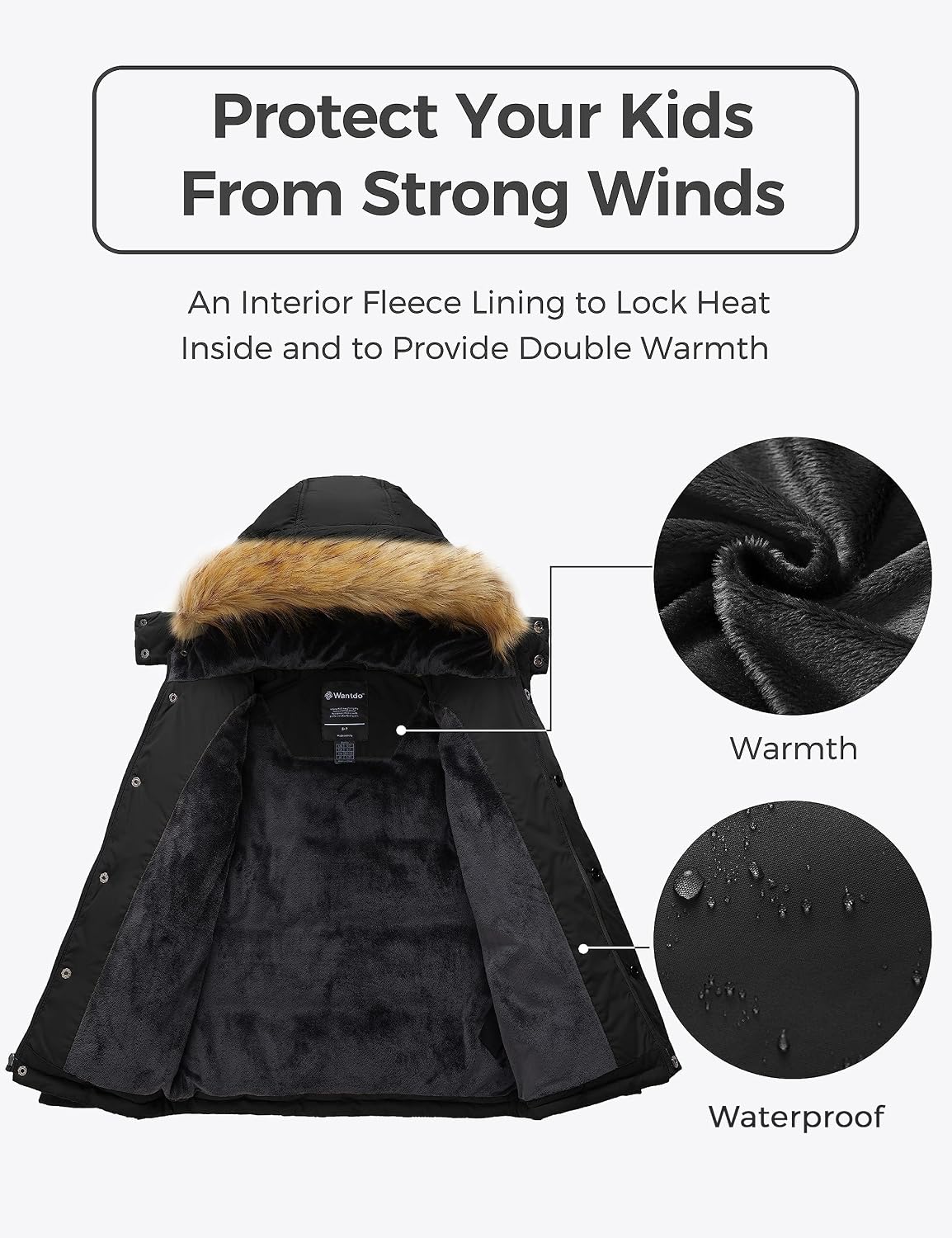 Boys' Winter Coat Warm Puffer Jacket Waterproof with Faux Fur Hood | Windproof,5000mm Waterproof,Snap Button