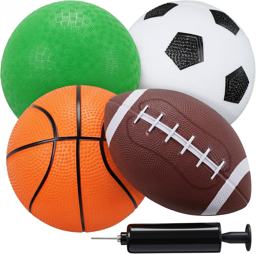 4-Pack Sports Balls, 5-Inch Soccer Ball, Basketball, Playground Balls & 7 Inches Footballs for Toddlers Adult, Party