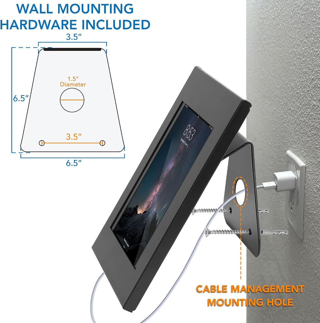 iPad Kiosk Stand, Locking Anti-Theft Tablet Enclosure for Countertop & Wall Mount, 90° Rotating POS Tablet Wall Stand