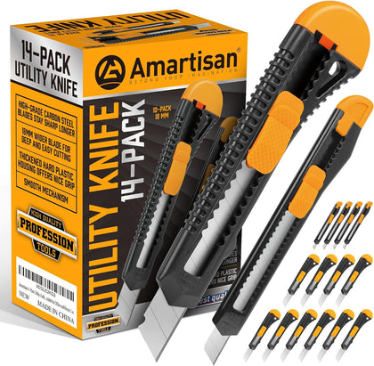 14-Piece Retractable Box Cutter, Utility Knifes for Boxes, Cartons, Cardboard Cutting, 18mm & 9mm Wide Blade Cutter