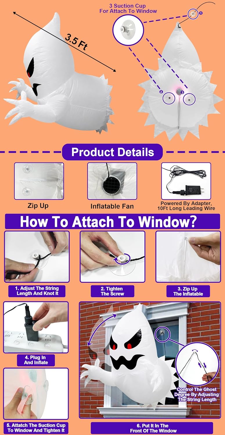 Halloween Decorations Outdoor Ghost Inflatables Broke Out from Window | [ Fire Flame Lights ] 3.5 Ft Halloween