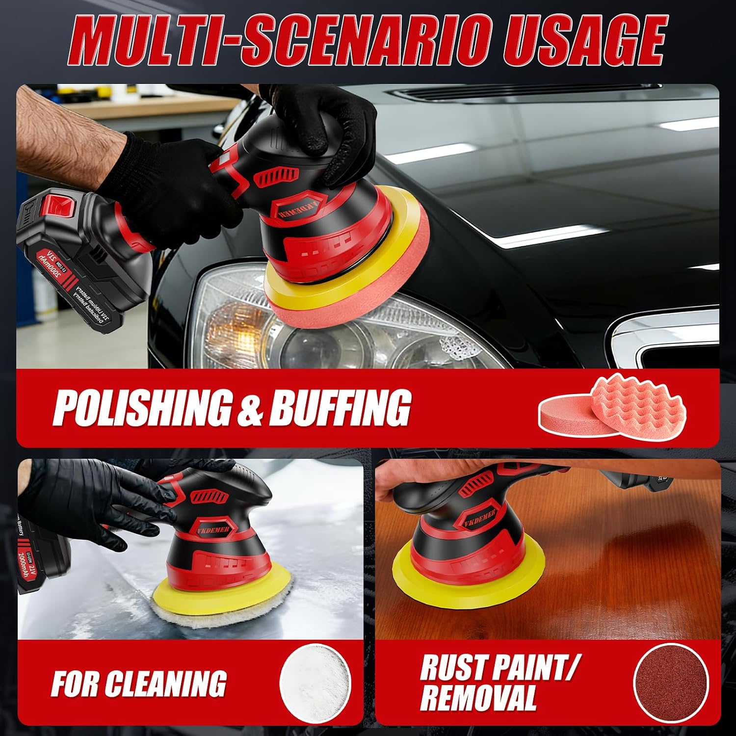 Cordless Car Buffer Polisher, 6-Speed Orbital (5500RPM) DA Polisher with 2x 21V 2000mAh Batteries, 6 Inch Lightweight