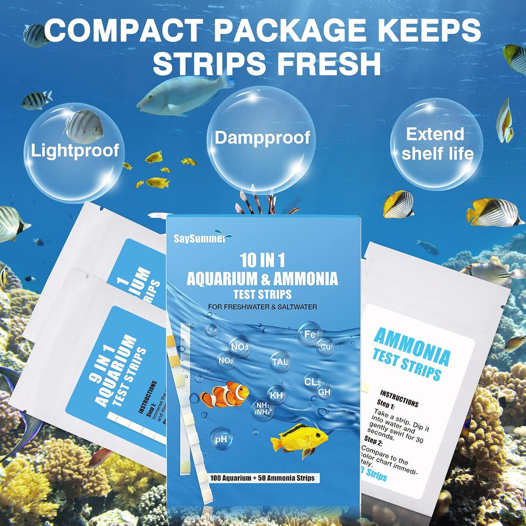 10 in 1 Ammonia Test Kit for Aquarium, 150ct Aquarium Ammonia Test Strips Freshwater Saltwater, Fish Tank Aquarium
