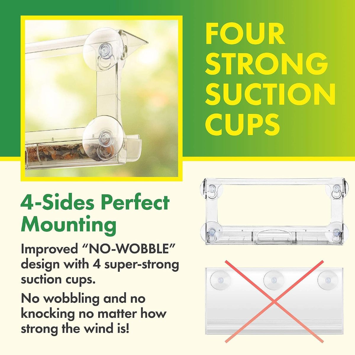 D.F. Omer Window Bird Feeder with 3 Section Tray and Roof Cover, Weatherproof Outdoor Suction Cup Hanger Acrylic
