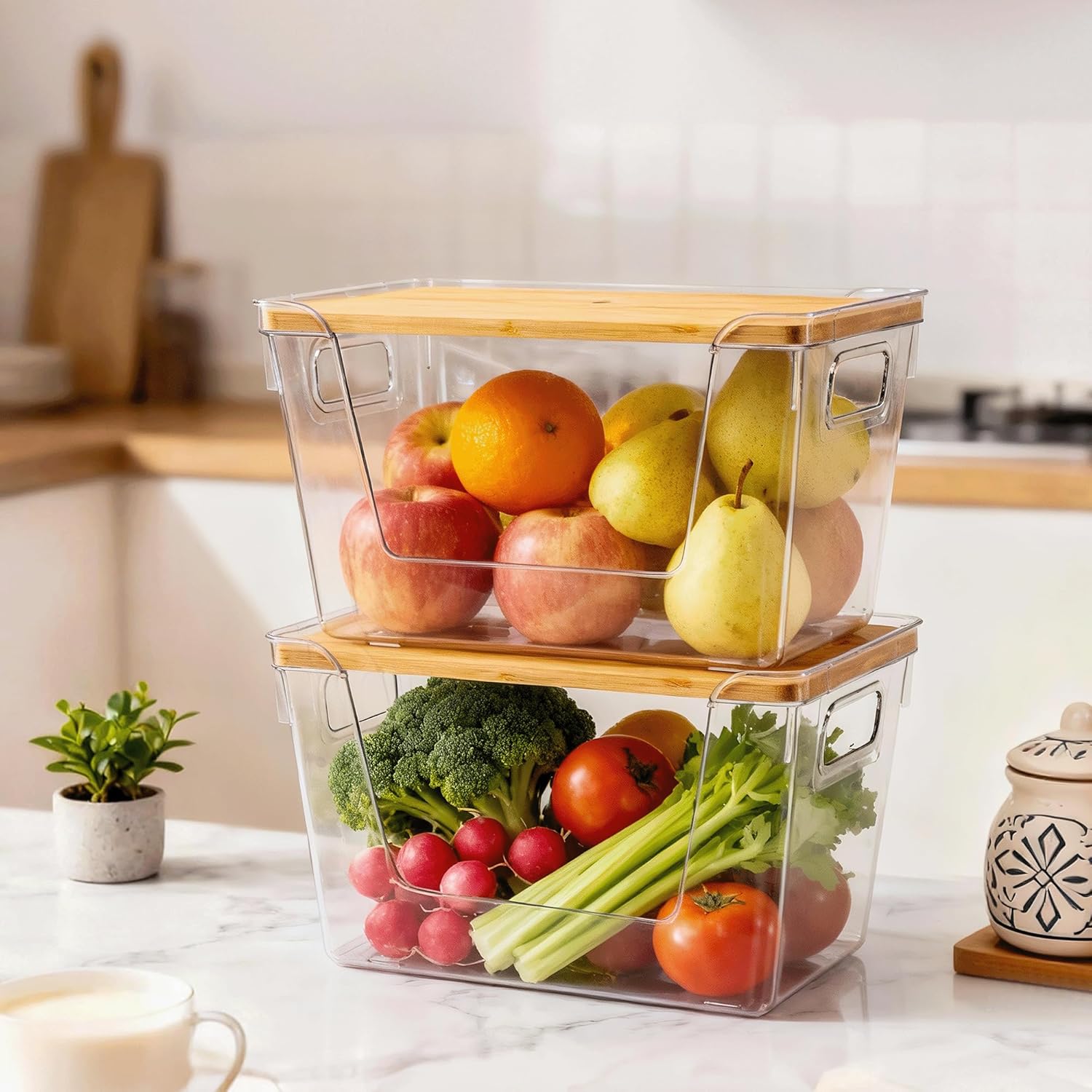 2 Set Pantry Organizers and Storage with Bamboo Lids, Stackable Clear Bins for Onion, Potato, Fruit, Vegetables