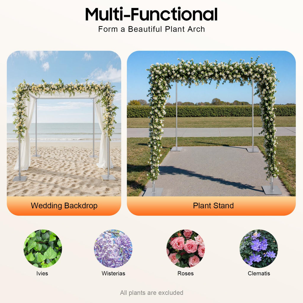 10FT Wedding Backdrop Stand, Adjustable 4-Post Canopy Chuppah Mandop Hardware Kit, Metal Arch Frame for Wedding