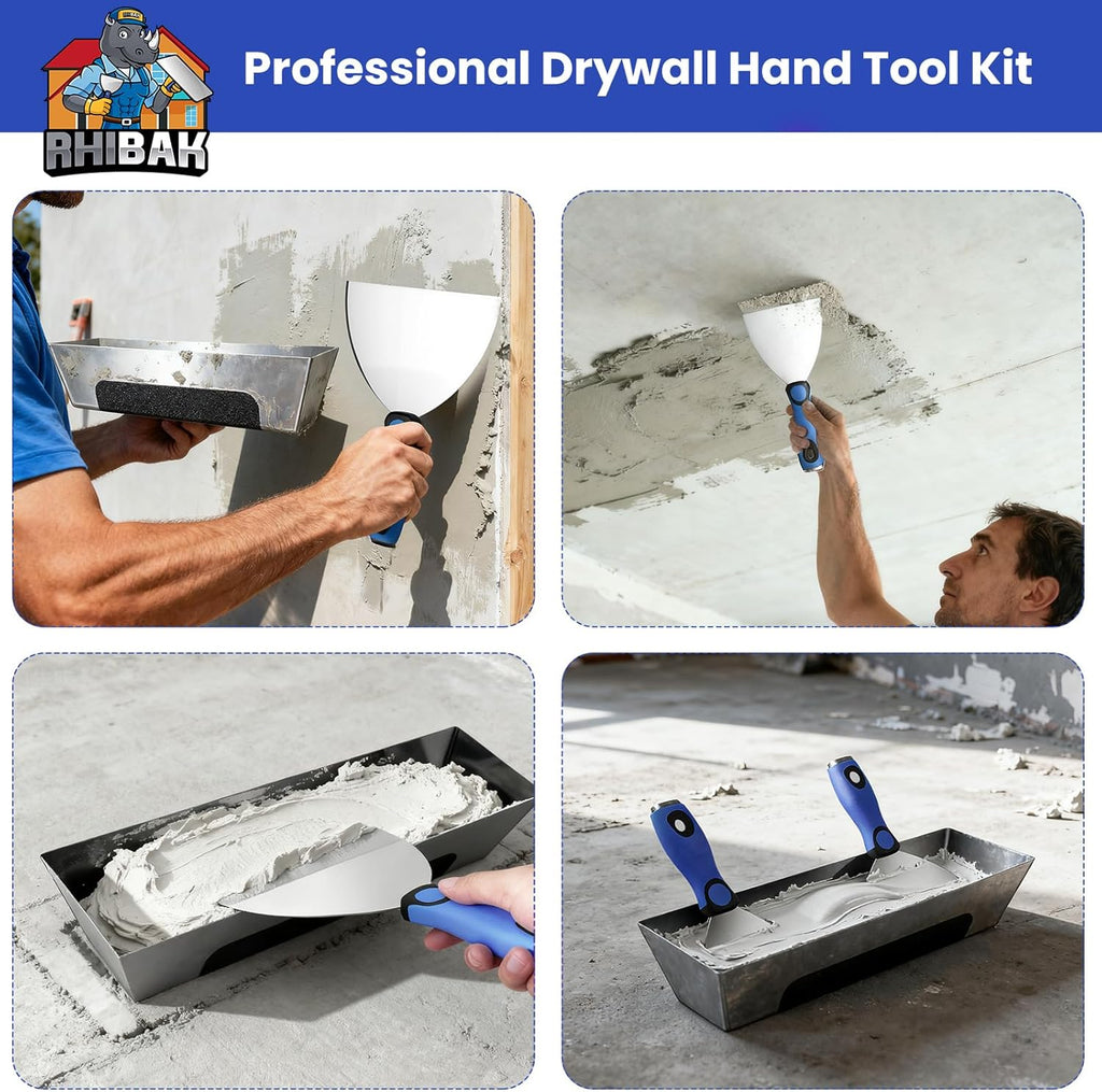 Drywall Hand Tools Kit, Drywall Knife Set with Putty Knives, Taping Knives, Aluminum Hawk, Mud Pan, Flat Finishing
