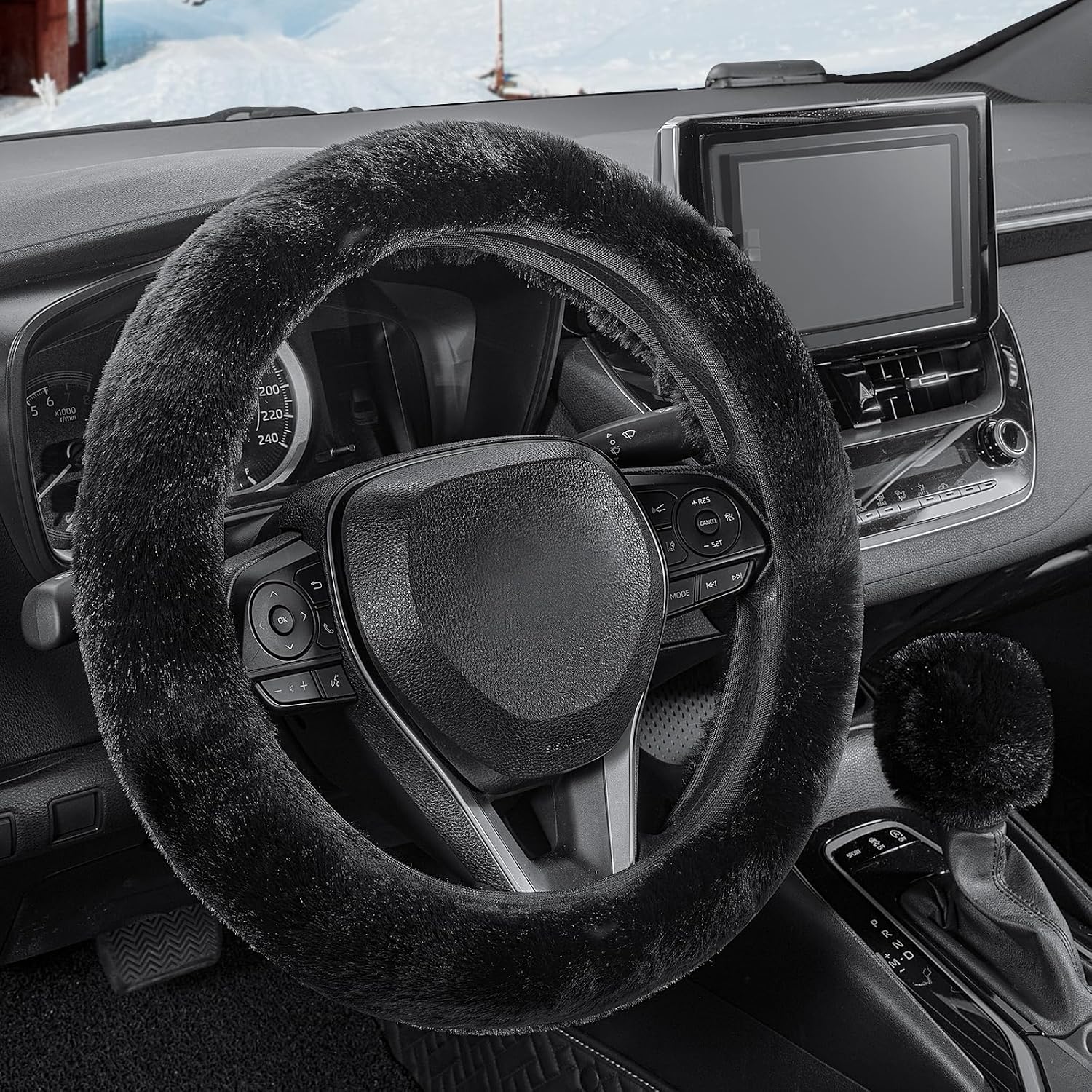 Furry Car Steering Wheel Cover with Fluffy Gear Shift Cover Soft Warm Non-Slip Car Decoration for Men Women Girls 2