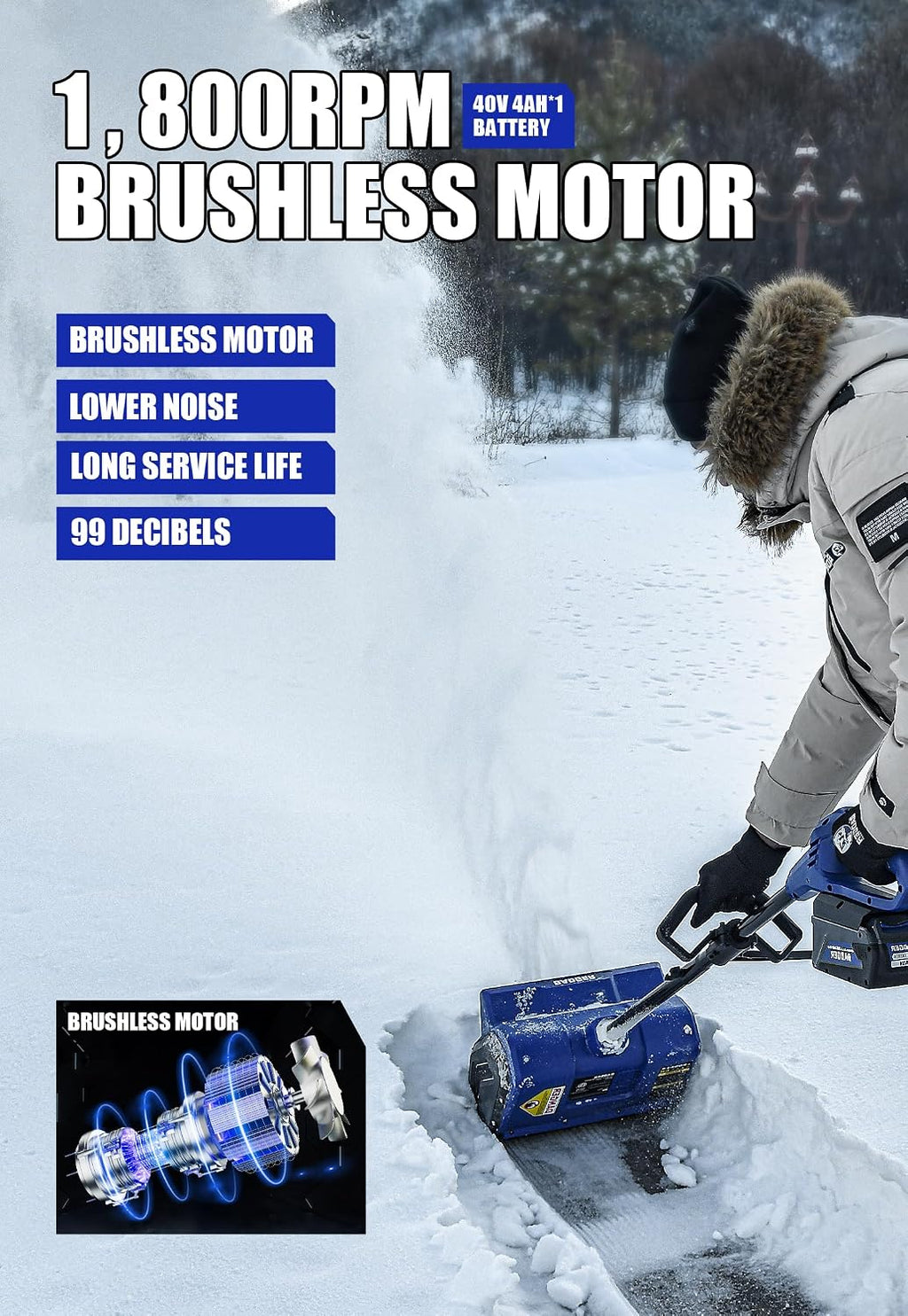 40V Cordless Electric Snow Shovel, 12-Inch Brushless | 12-in clearing width, up to 8-in snow depth, fixed forward