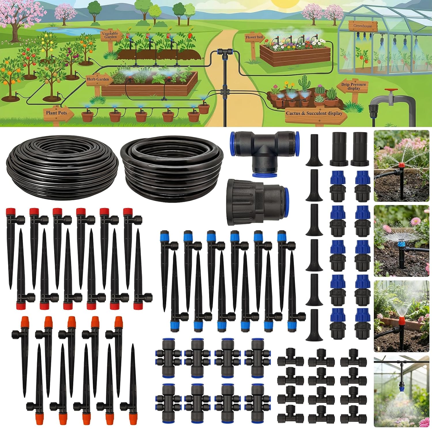 Drip Irrigation System 230FT Quick-Connect Drip Irrigation Kit with 1/4 inch 1/2 inch Irrigation Tubing Hose and