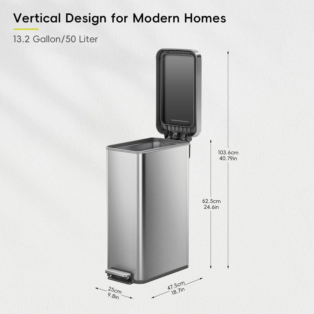 Hudson Slim 50L / 13.2 Gallon Kitchen Trash Can with Lid, Stainless Steel Step Garbage Can for Kitchen or Home