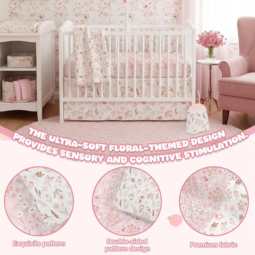 4 Pieces Crib Bedding Set for Girls and Boys, Soft Baby Bedding Set Including Crib Skirt, Comforter, Sheet and Diaper