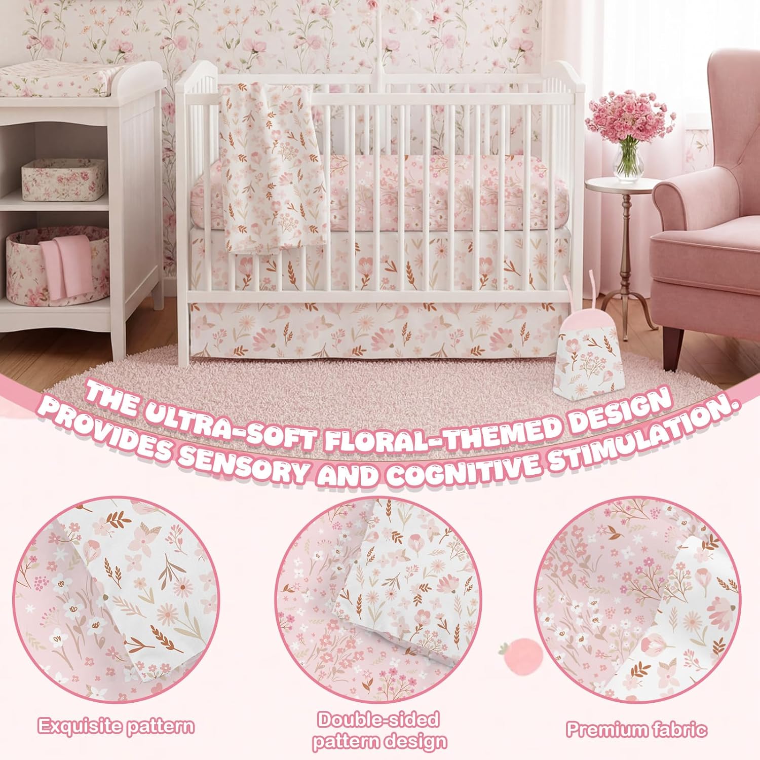 4 Pieces Crib Bedding Set for Girls and Boys, Soft Baby Bedding Set Including Crib Skirt, Comforter, Sheet and Diaper