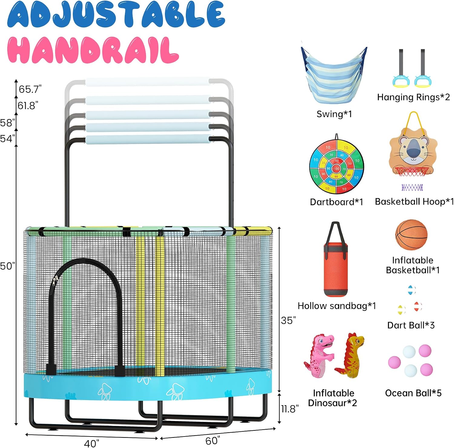 Kids Trampoline, Indoor Trampoline Approved by ASTM, Safety Enclosure Net and Adjustable Handrail, 1-8 Children