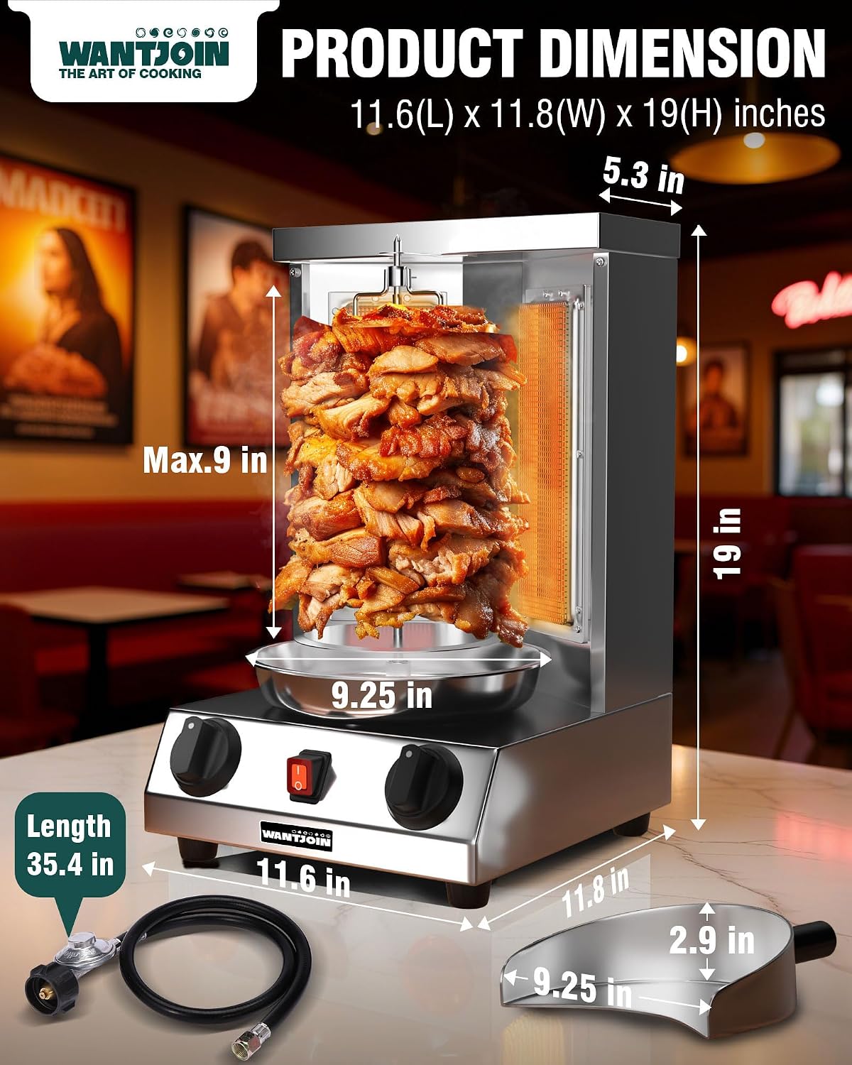 Shawarma Grill Machine - Gas Vertical Rotisserie with 2 Burners and Drip Pan for Home Use, Stainless Steel Rotating