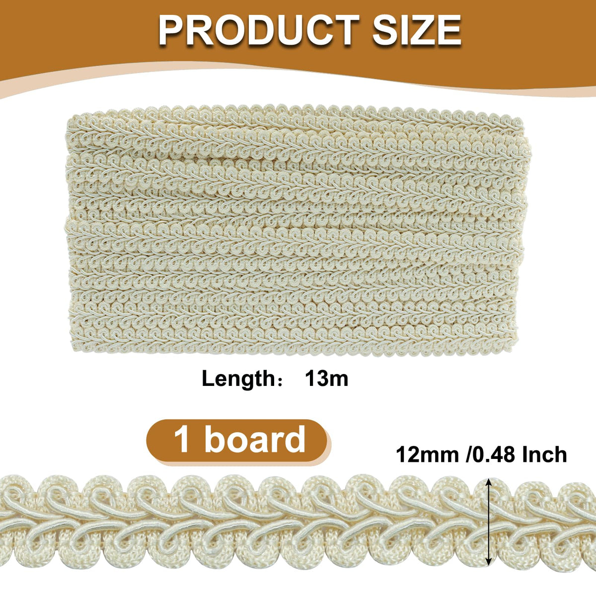 Gimp Braid Trim, Beige, 1/2 Inch, 14 Yards