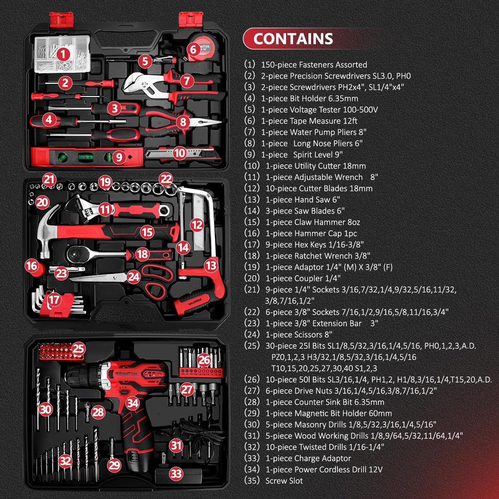276-Piece Tool Set Kit - Tool kit with 12V Cordless Power Drill Driver Toolbox Storage Case with Drawer, Drill Set