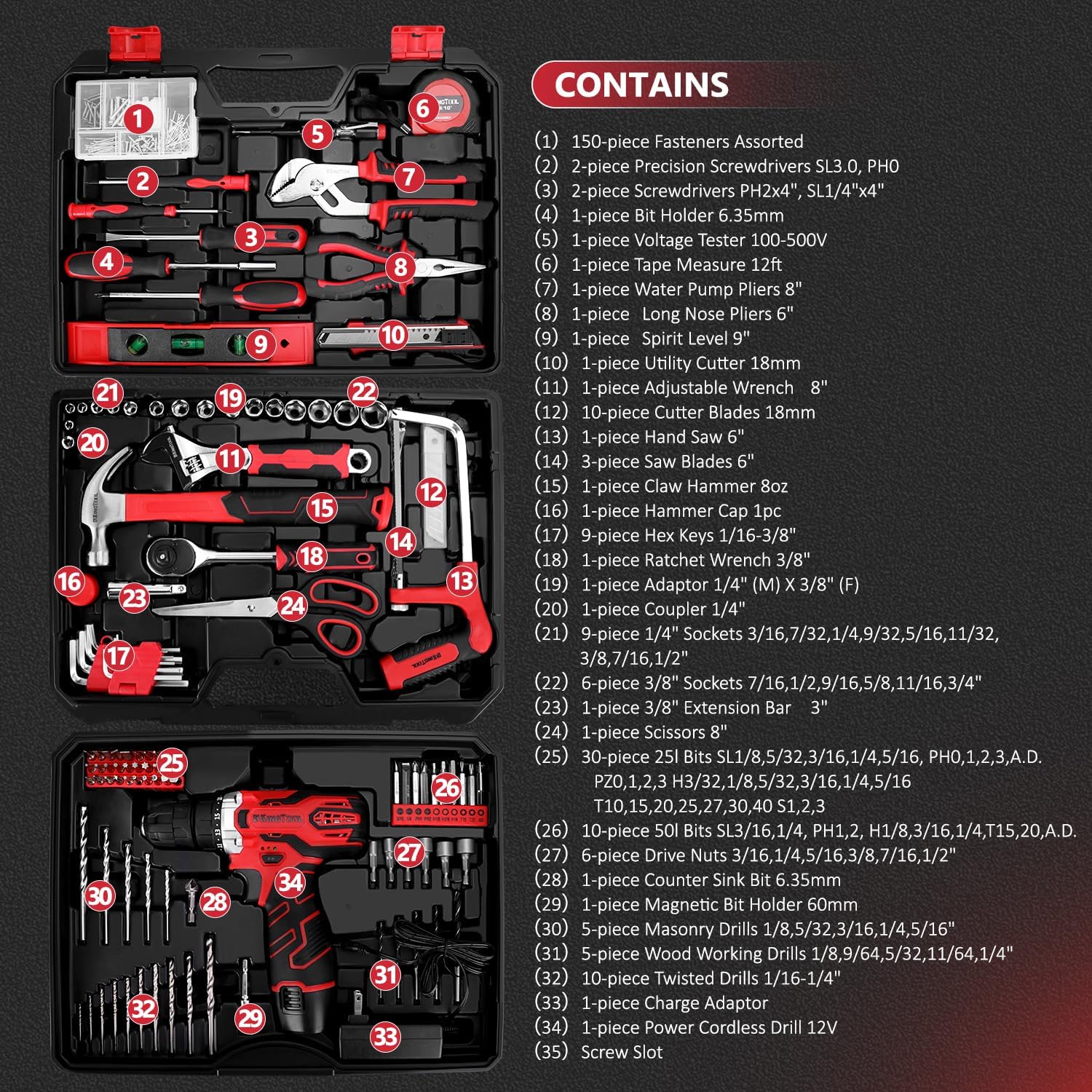 276-Piece Tool Set Kit - Tool kit with 12V Cordless Power Drill Driver Toolbox Storage Case with Drawer, Drill Set