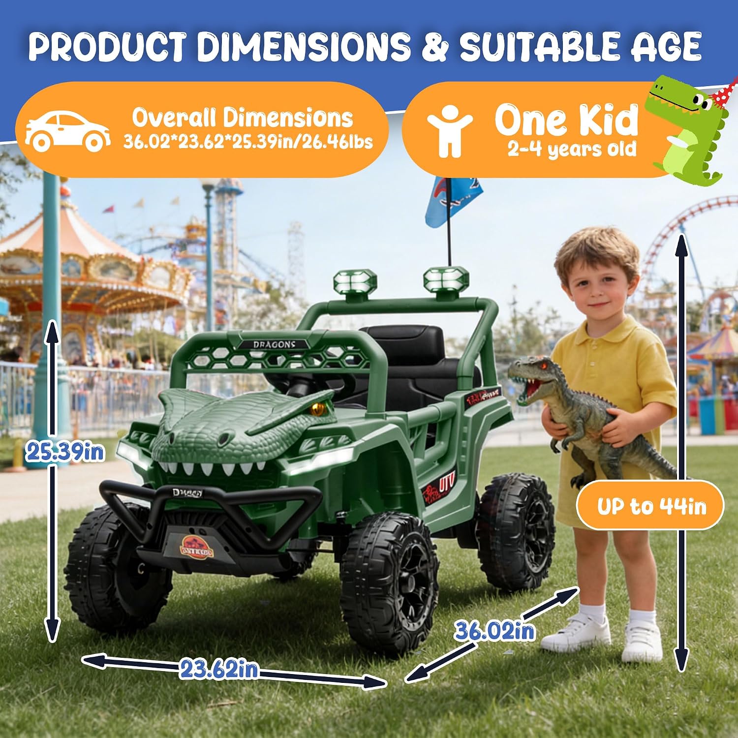 12V Dinosaur Ride On UTV, Kids Electric Vehicle with Parent Control, 3 Speeds,6 LED Lights, Shock