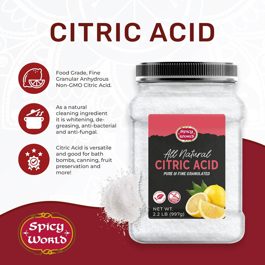 Citric Acid 2.2 LB Jar - Pure, All Natural, Food Grade, Non-GMO Citric Acid Powder for Cleaning, Bath Bombs