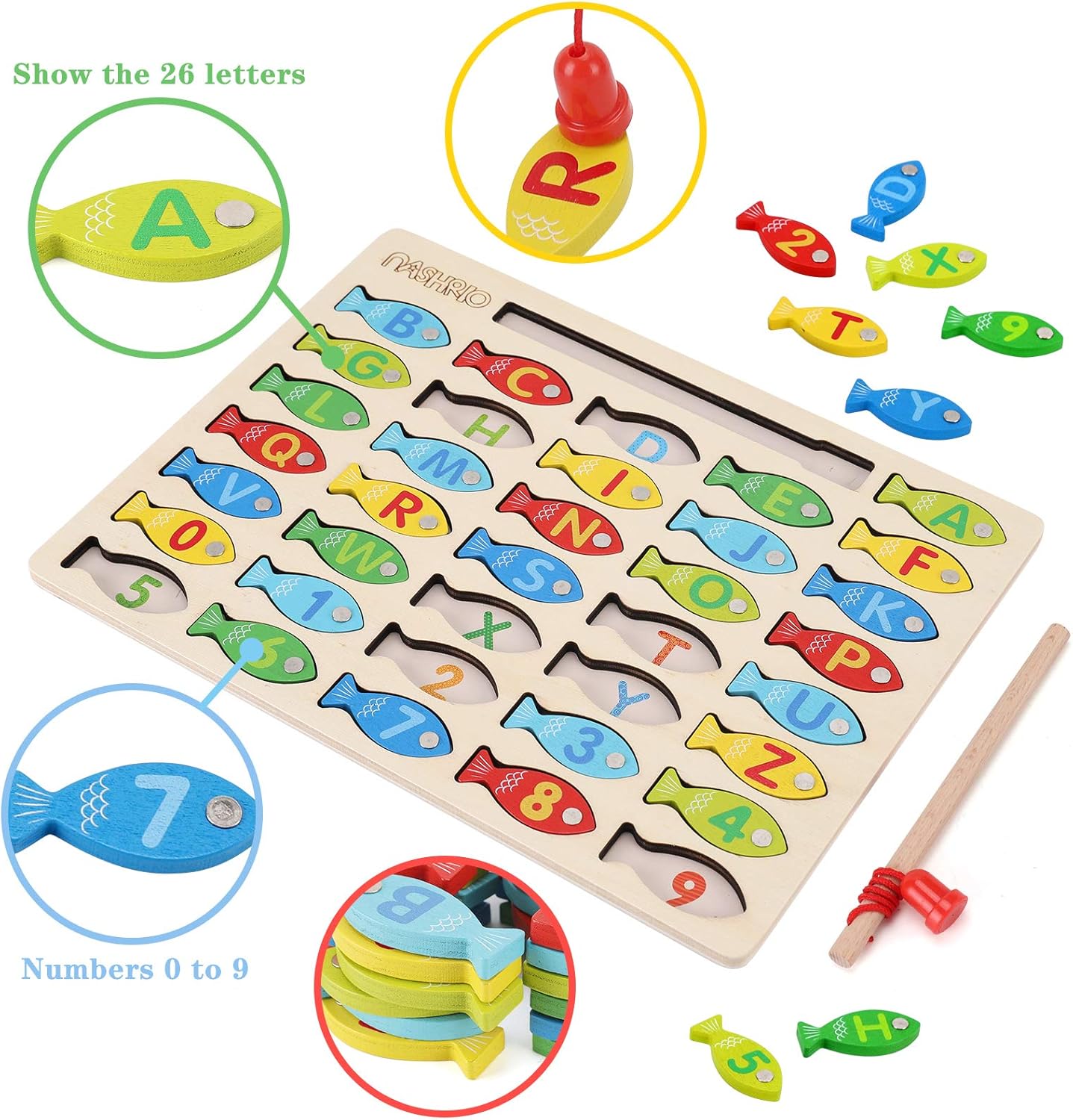 Magnetic Wooden Fishing Game Toy for Preschoolers, Alphabet Fish Catching Counting Games Puzzle with Numbers and