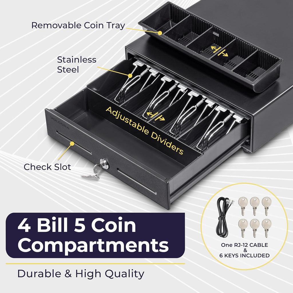 13" Electronic Cash Register Drawer for Point of Sale (POS) System with 4 Bill 5 Coin Cash Tray, Removable Coin