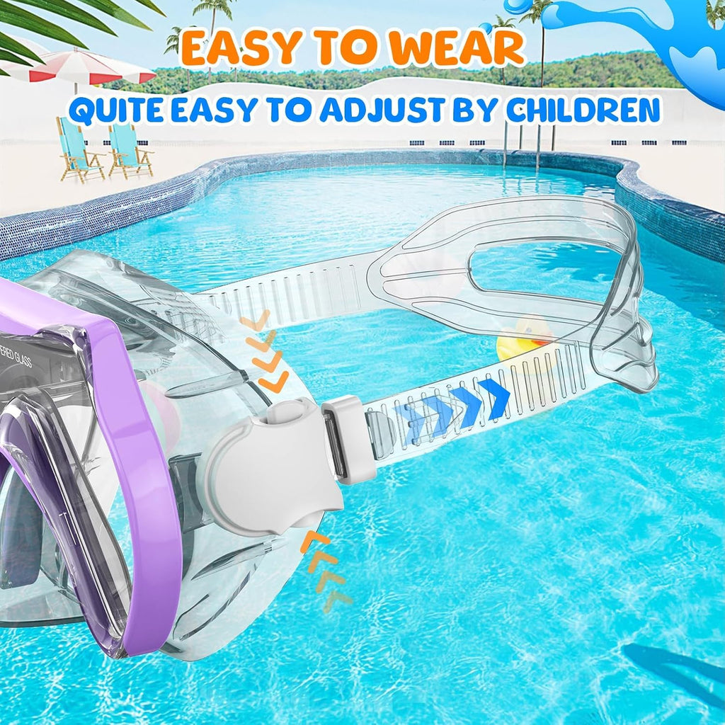 Kids Swim Goggles, Swimming Snorkel Diving Mask with Nose Cover for Youth 6-14 Tempered-Glass Panoramic View