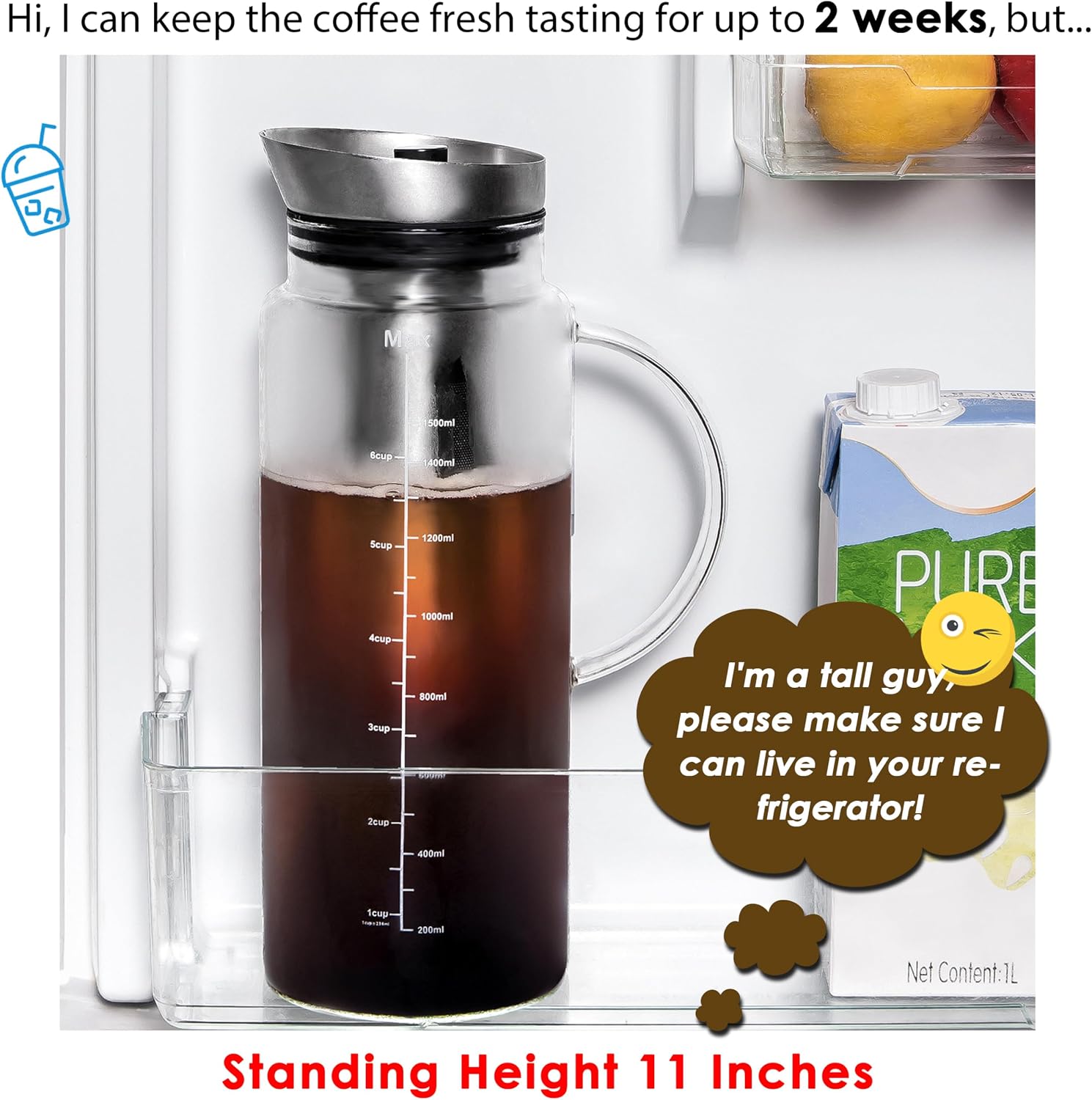 51oz Cold Brew Coffee Maker, Borosilicate Glass Pitcher for Iced Tea | Dishwasher Safe, Family Size, Up to 2 Weeks