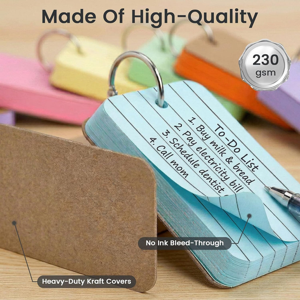 300 Count Index Cards with Ring, 2.2 x 3.5 Inch, Lined Flash Cards | Double-Sided Ruled Notecards in 6 Colors